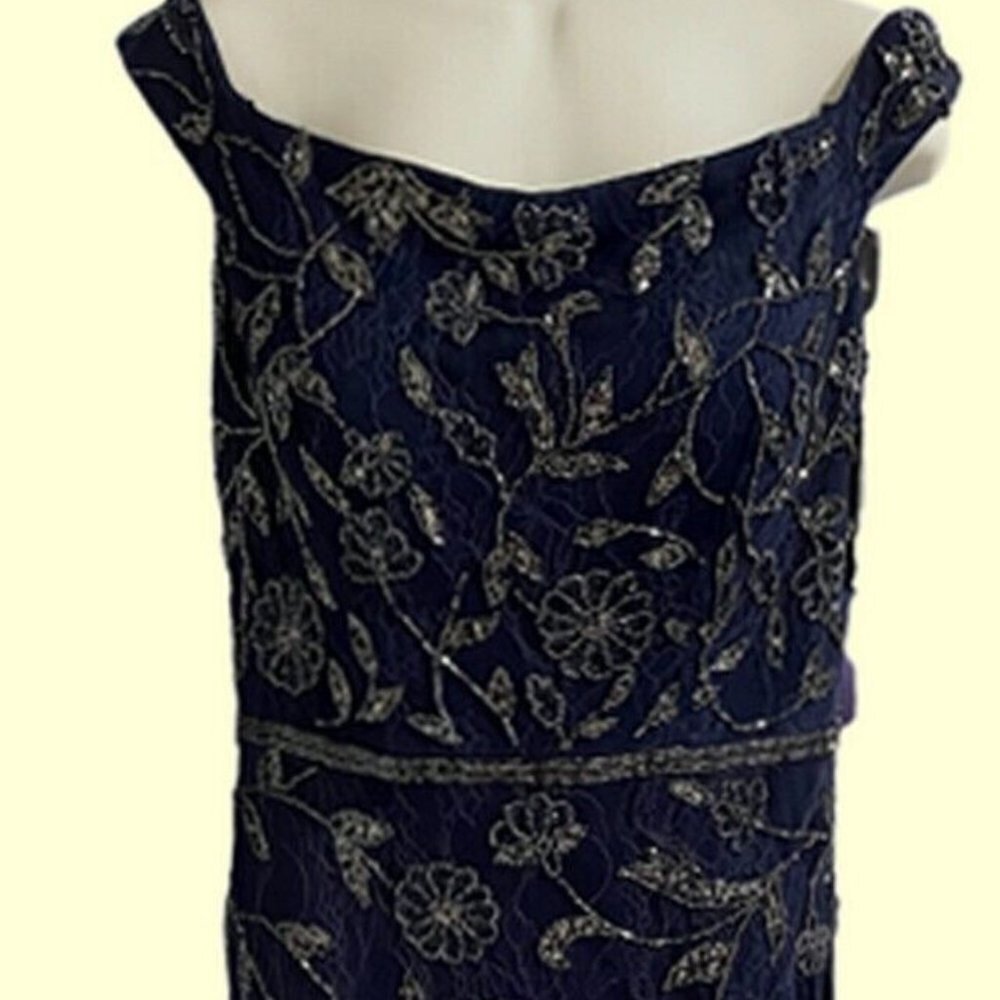 Xscape Navy Blue Floral Beaded Lace Column Gown